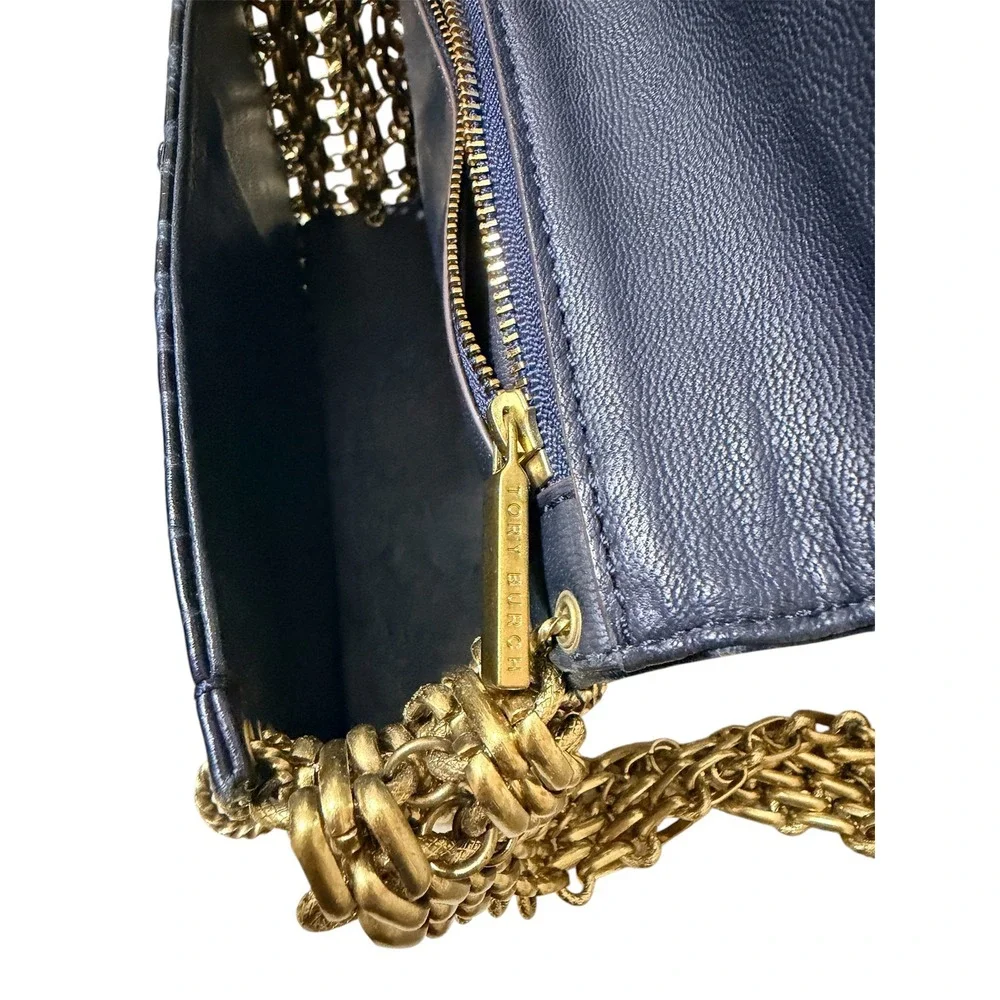 Tory Burch Shoulder Bag Womens Small Navy Croc Embossed Chainmail Gusset Runway